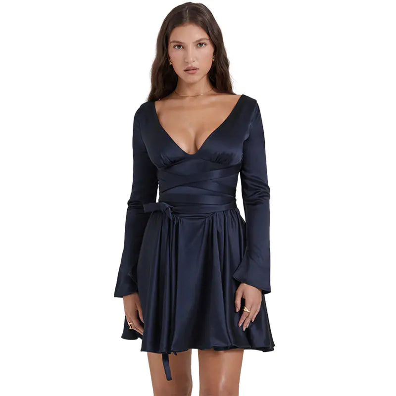 Chic V-Neck Backless Tie-Waist Dress